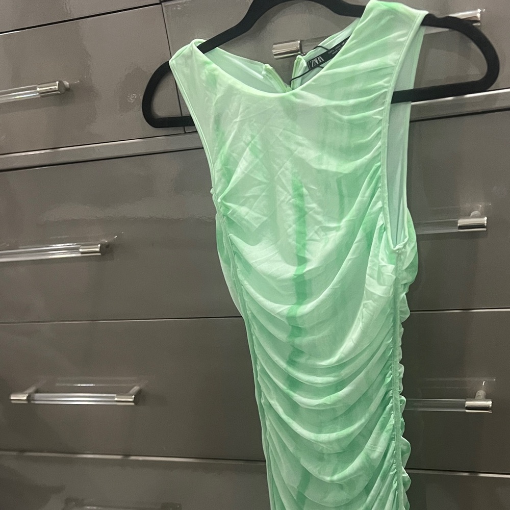 Zara Mint Green Sheer Ruched Maxi Dress - Picture 4 of 7